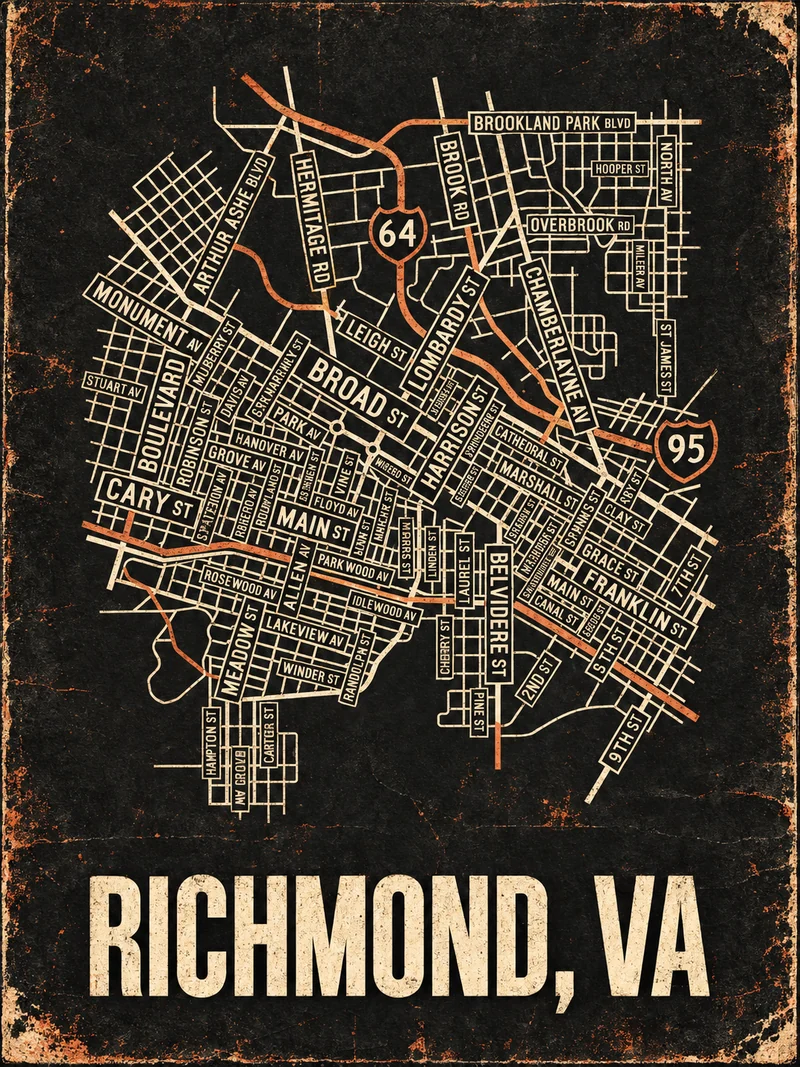 Richmond, VA — street map illustrated as a distressed copper and ivory concert poster